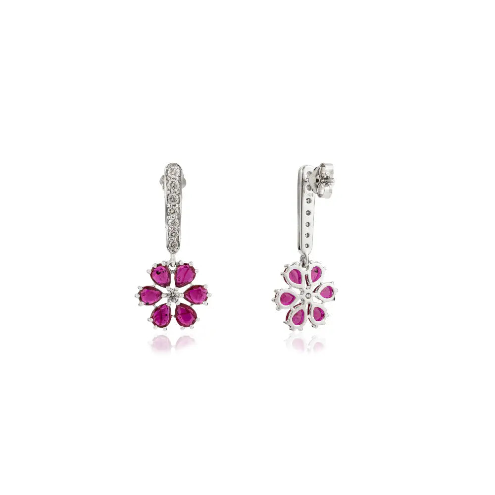 Pear Shape Ruby & Diamond Flower Design Drop Women Earrings 18K White Gold Jewelry