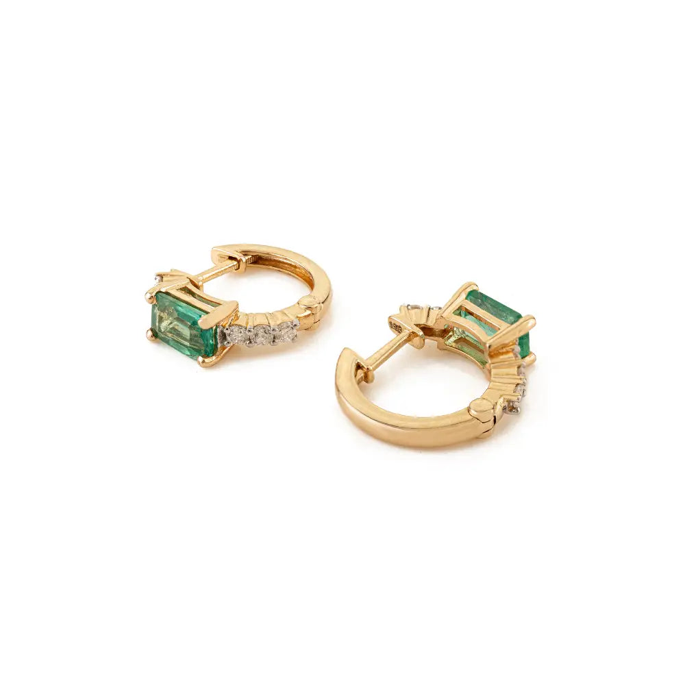 Natural Gemstone Zambian Emerald & Diamond Minimal Hoop Earrings Women 14K Real Gold
