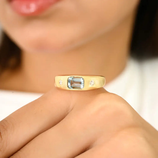 March Birthstone Aquamarine & Diamond Chunky Signet Ring 18K Gold Wedding Jewelry