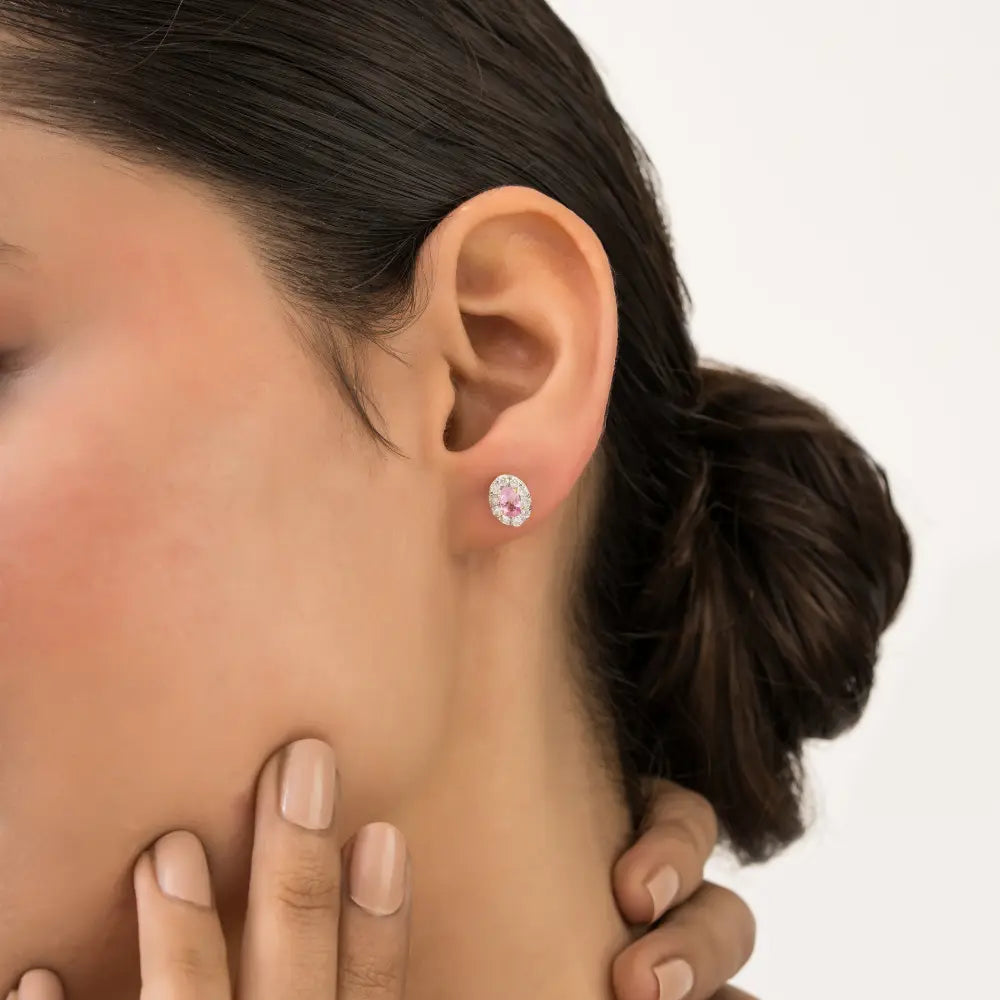 Natural Pink Sapphire & Diamond  Minimal Dainty Halo Stud Earrings K14 Solid Yellow Gold