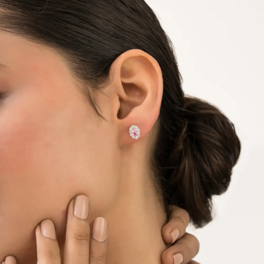 Natural Pink Sapphire & Diamond  Minimal Dainty Halo Stud Earrings K14 Solid Yellow Gold
