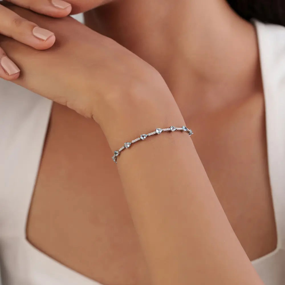 Best Selling Products Aquamarine & Diamond Sleek Tennis Bracelet 14K White Gold Jewelry