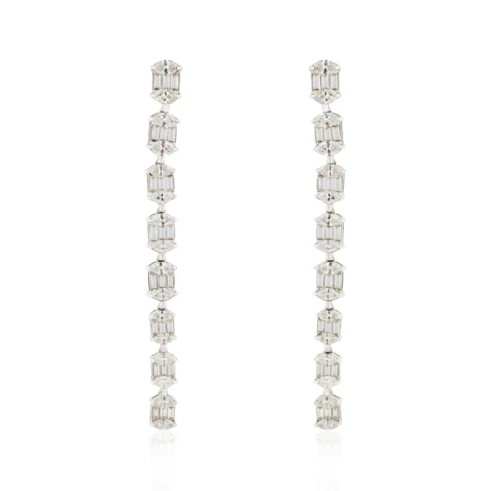 Luxurious 14K White Gold Natural Diamond Long Dangle Earrings Statement Bridal Jewelry
