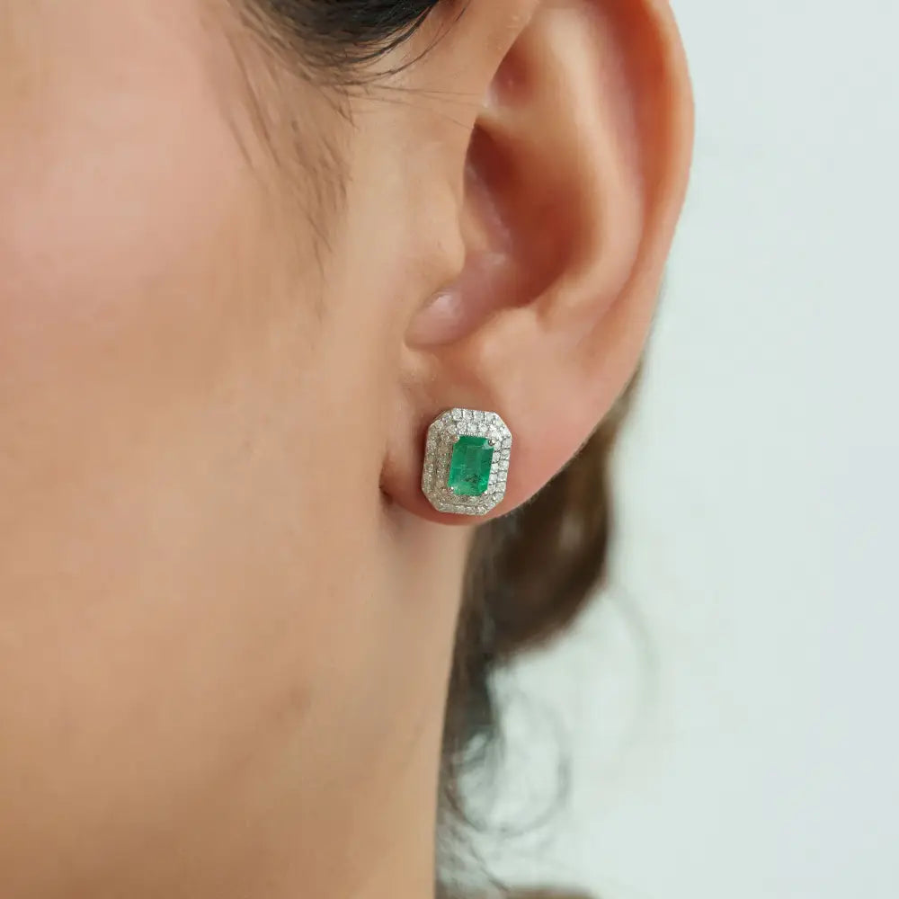 6x4mm Emerald & Diamond K14 White Gold Double Cluster Stud Earrings Mother's Day Gift