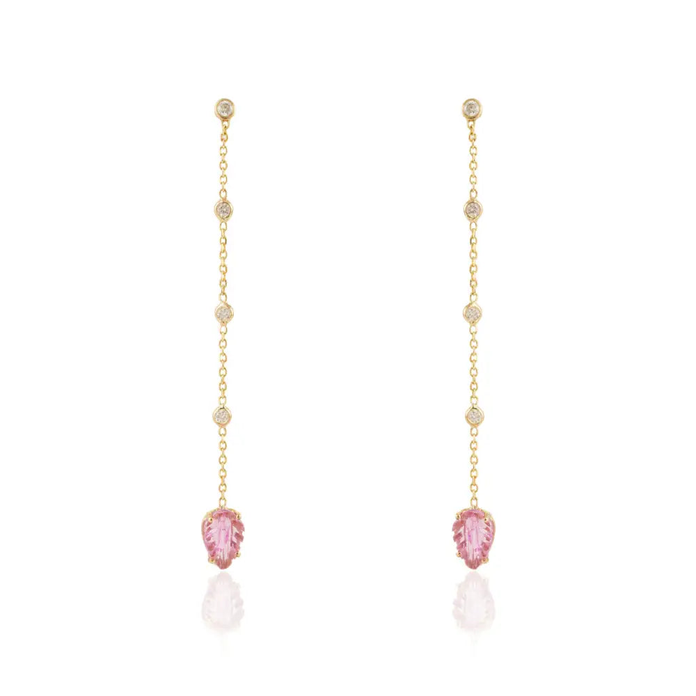 14K Yellow Gold Carving Leaf Shape Pink Tourmaline & Diamond Long Dangle Earrings