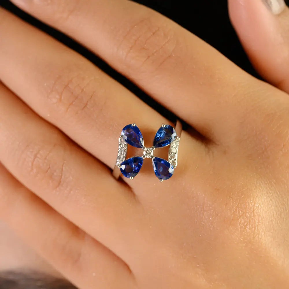 Unique Design 14K Real White Gold Blue Sapphire & Diamond Fine Flower Ring For Wedding