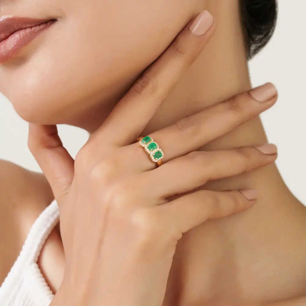 Octagon Cut Emerald & Round Diamond K14 Pure Yellow Gold Halo Three Stone Ring Unisex