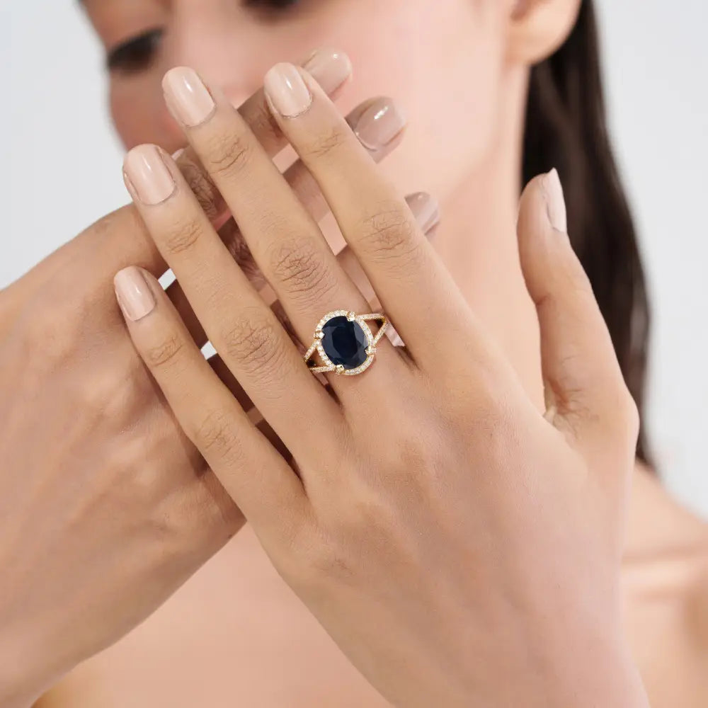 6.11ct. Blue Sapphire & Diamond Halo Split Shank Ring Wedding Bold Jewelry 14K Yellow Gold