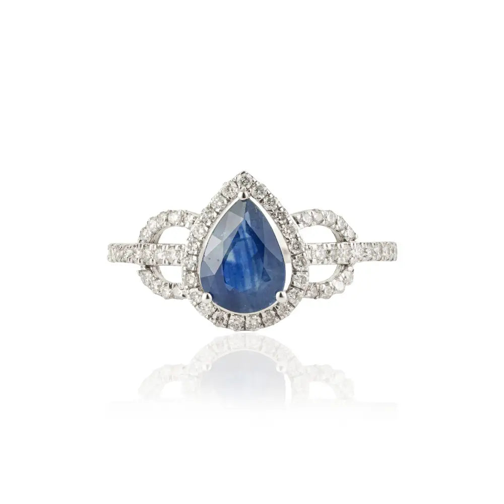 14K Real White Gold Blue Sapphire & Diamond Statement Ring Latest Design Jewelry Supplier