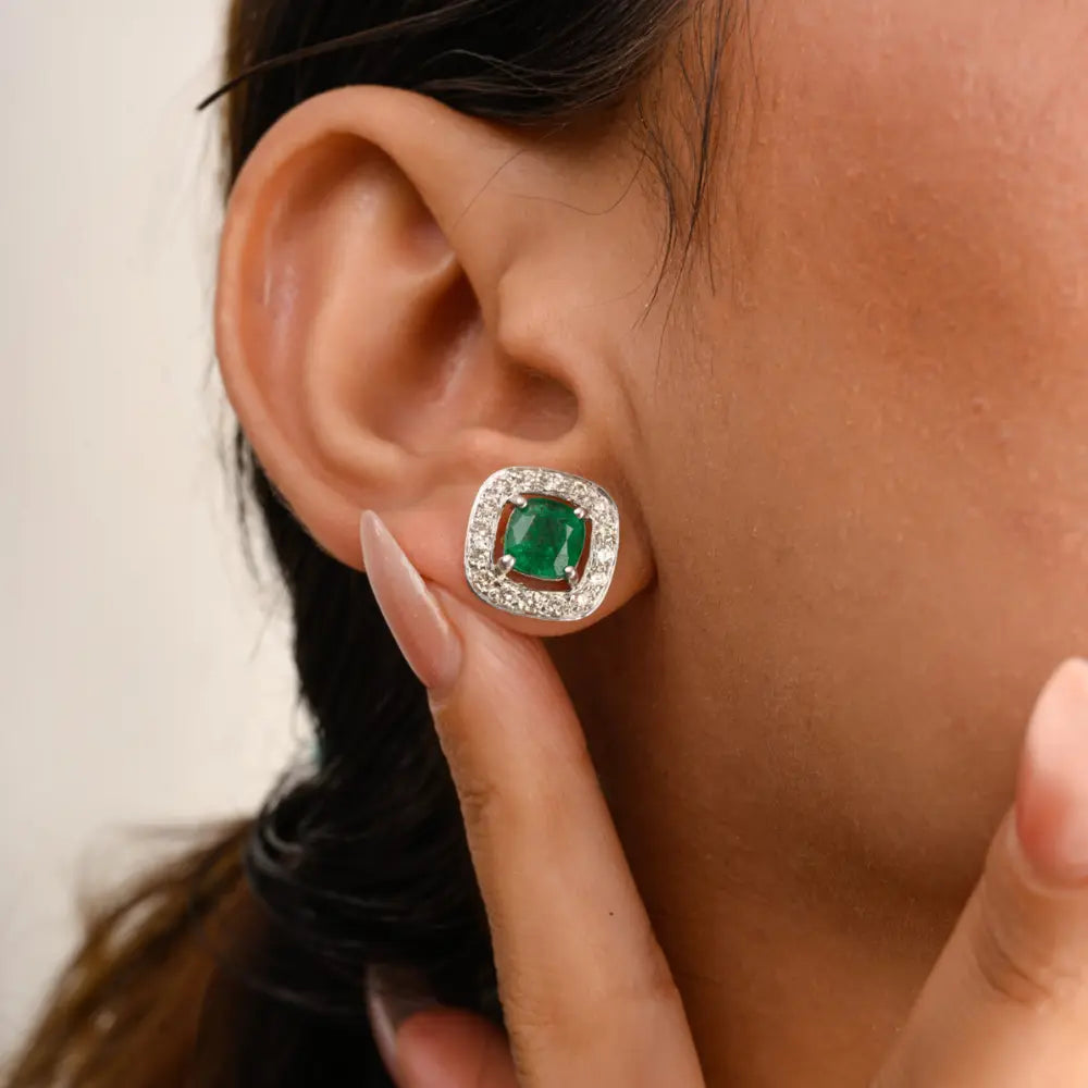 May Birthstone Cushion Cut Emerald & Round Diamond K14 White Gold Stud Earring