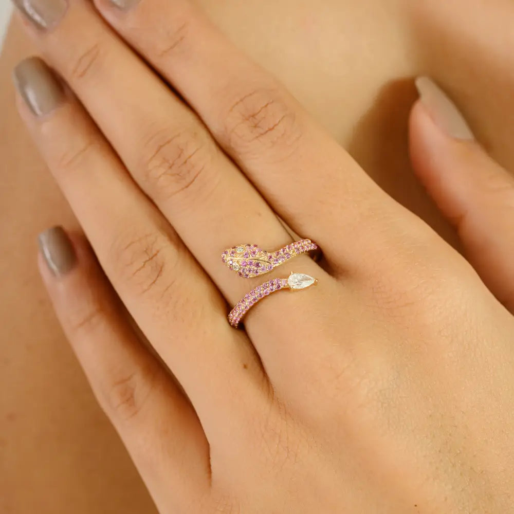 Unique Design Pink Sapphire & Diamond Snake Ring Animal Jewelry 14K Solid Yellow Gold