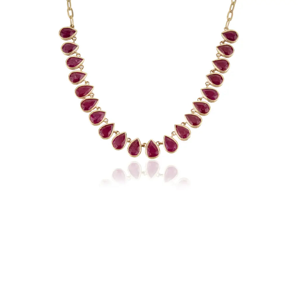 July Birthstone Genuine Ruby Paperclip Chain Half Tennis Necklace 14K Solid Yellow Gold Jewelry