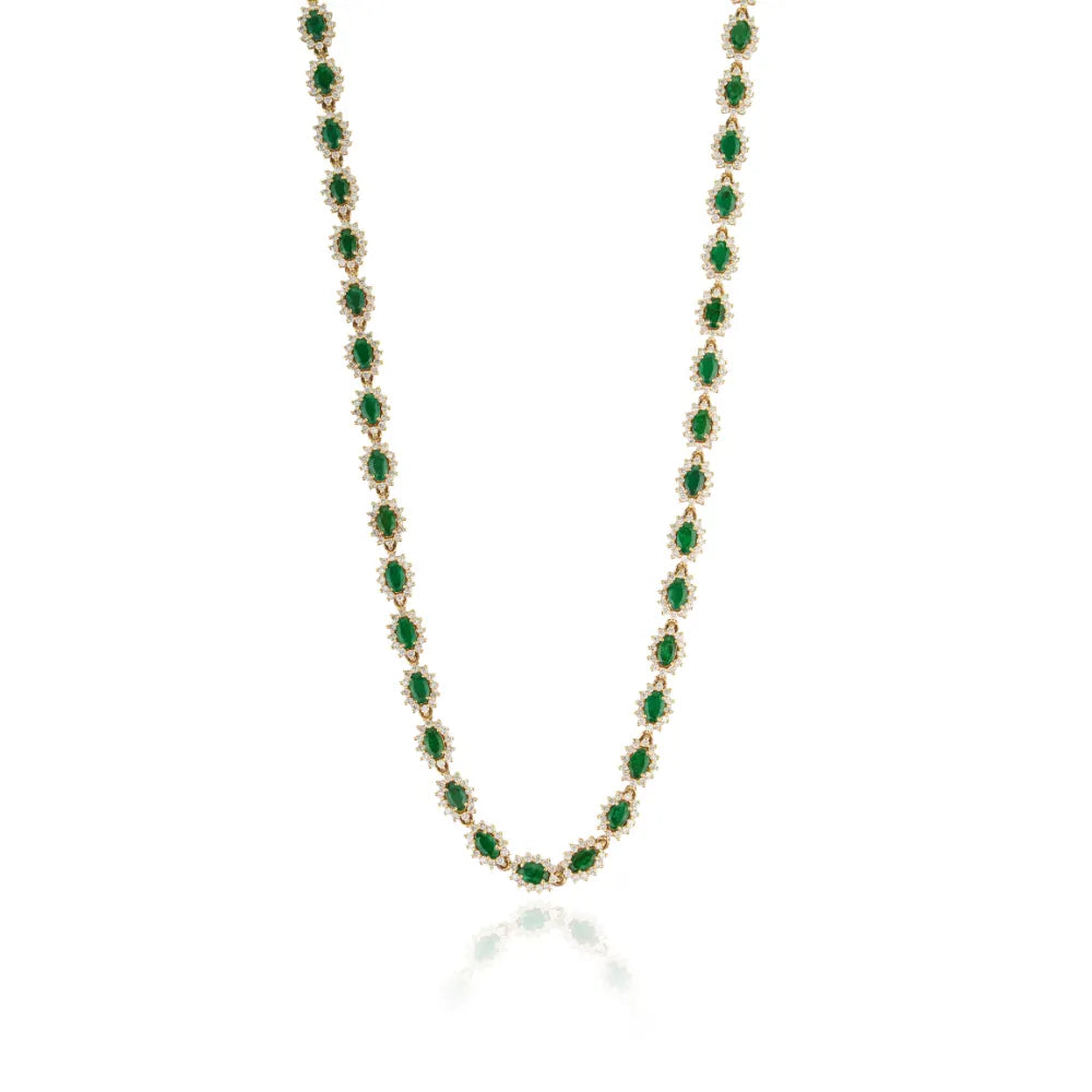 9.88ct. Zambian Emerald & Diamond Pure K14 Yellow Gold Cluster Tennis Necklace May Birthstone Jewelry