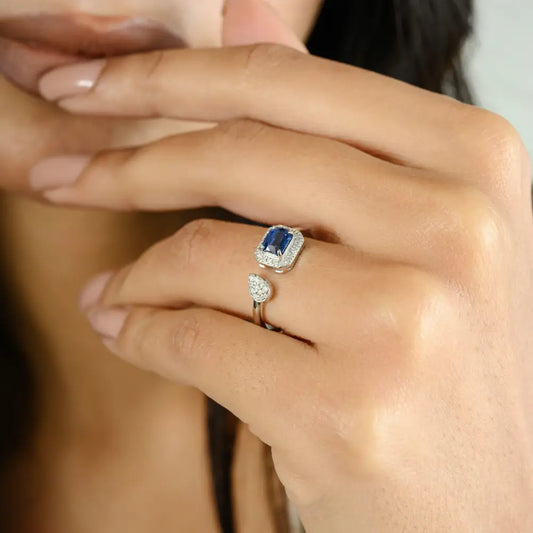 Everyday Jewelry Natural Blue Sapphire & Diamond Open Ring Wholesale Price 14K Gold