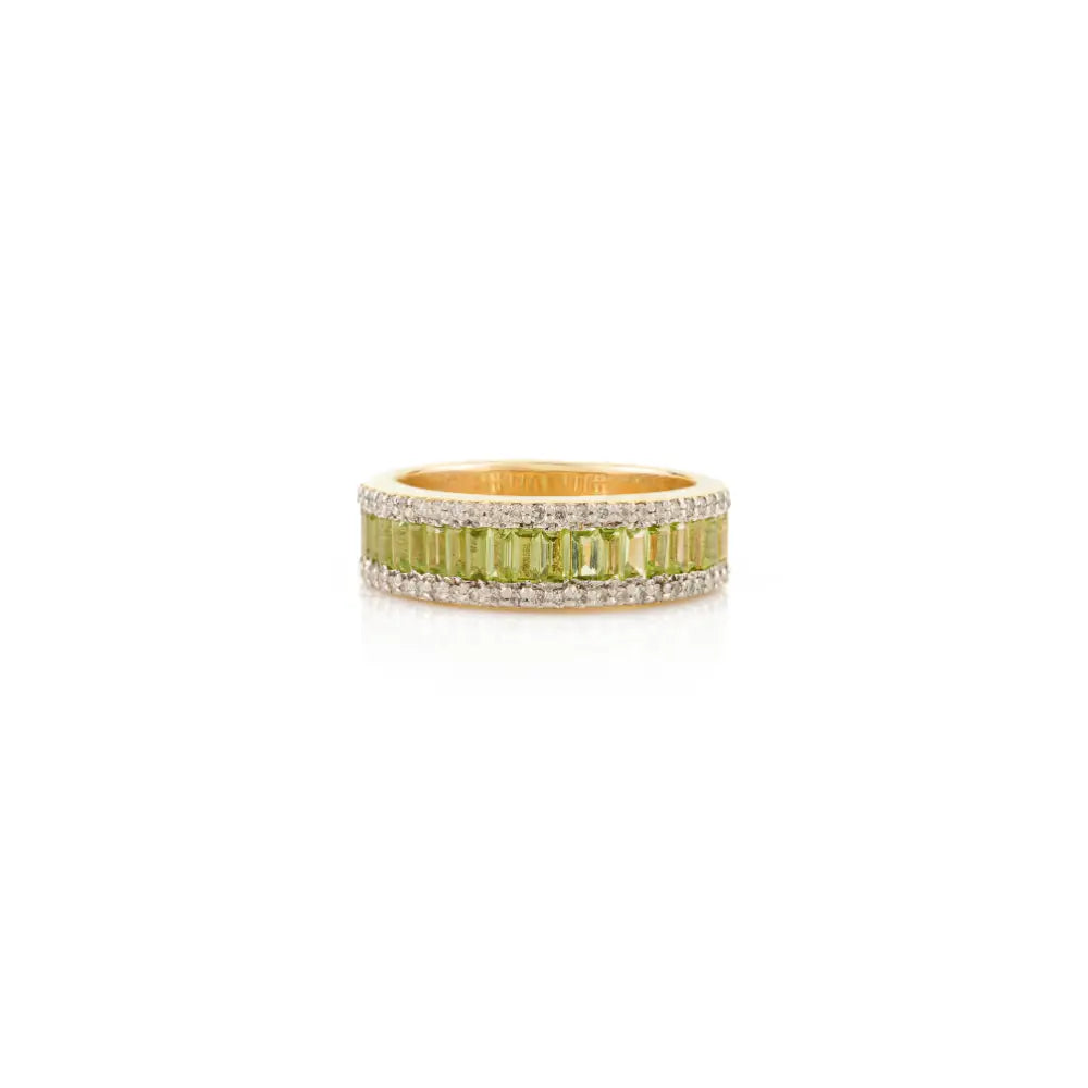 Luxurious Authentic Peridot & Diamond Statement Band Ring Wedding Jewelry Solid 14K Gold
