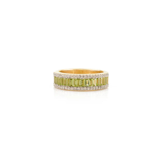 Luxurious Authentic Peridot & Diamond Statement Band Ring Wedding Jewelry Solid 14K Gold