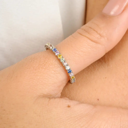 Solid K14 White Gold Round Cut Multi Gemstone Stacking Full Eternity Band Ring Simple Jewelry
