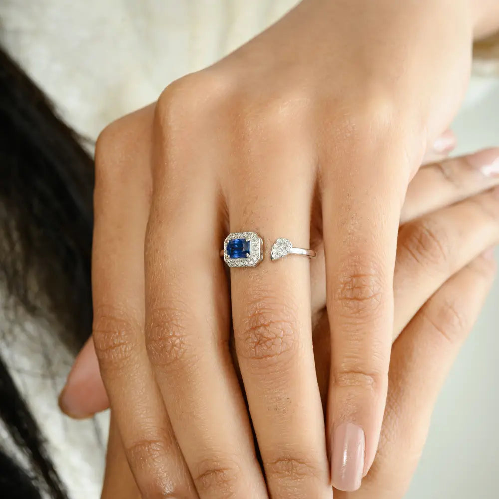 Everyday Jewelry Natural Blue Sapphire & Diamond Open Ring Wholesale Price 14K Gold