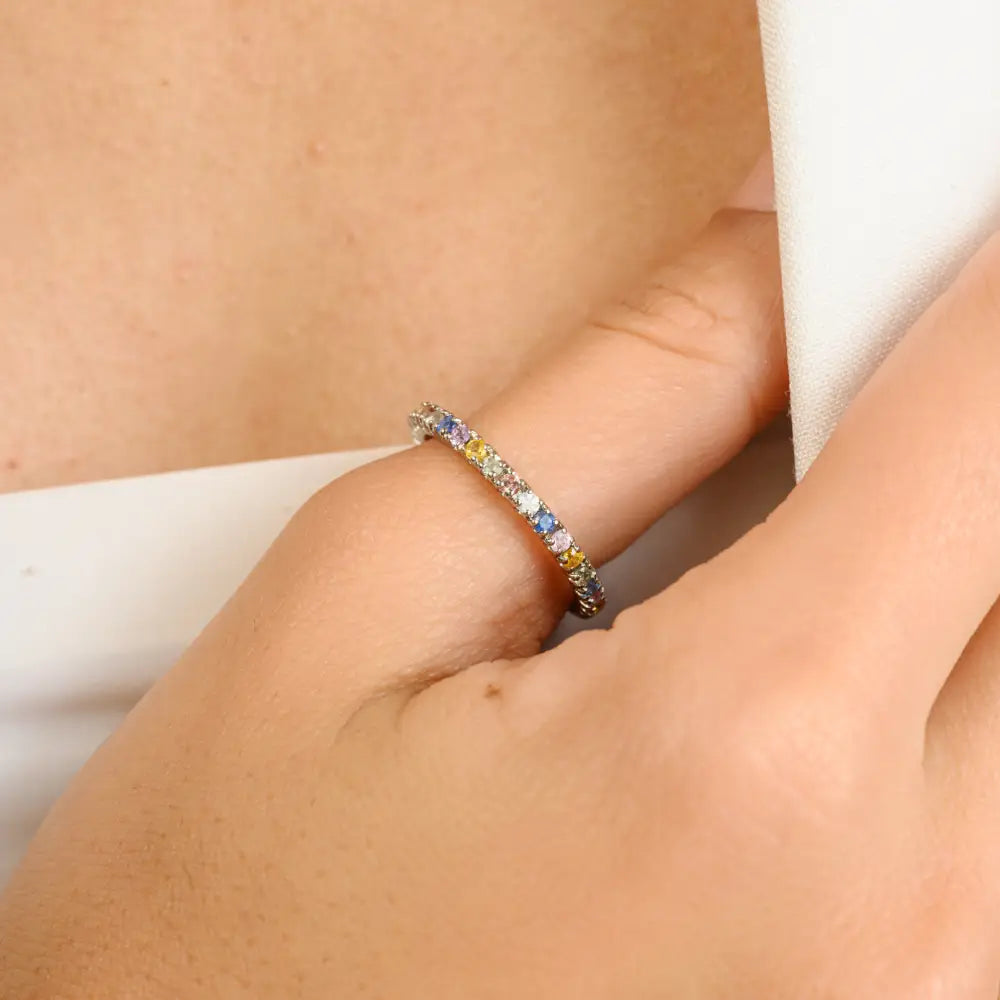 Solid K14 White Gold Round Cut Multi Gemstone Stacking Full Eternity Band Ring Simple Jewelry