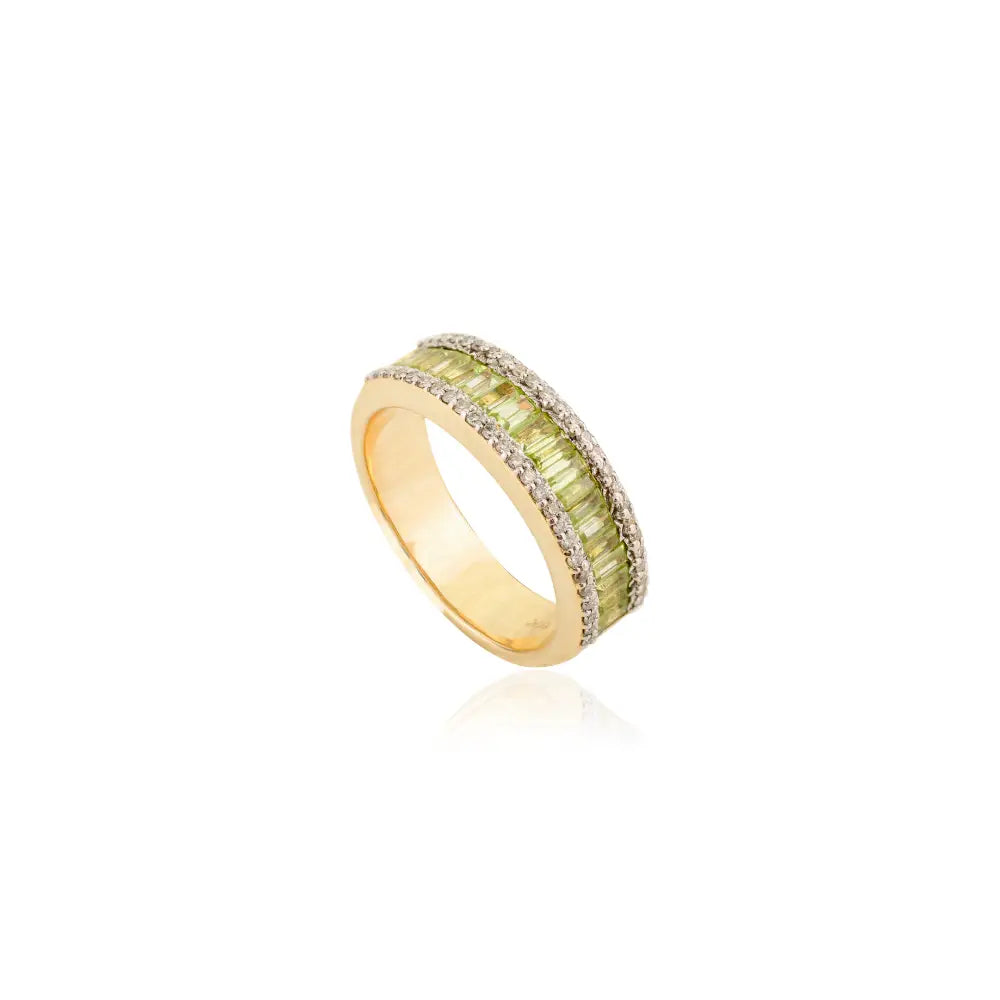 Luxurious Authentic Peridot & Diamond Statement Band Ring Wedding Jewelry Solid 14K Gold