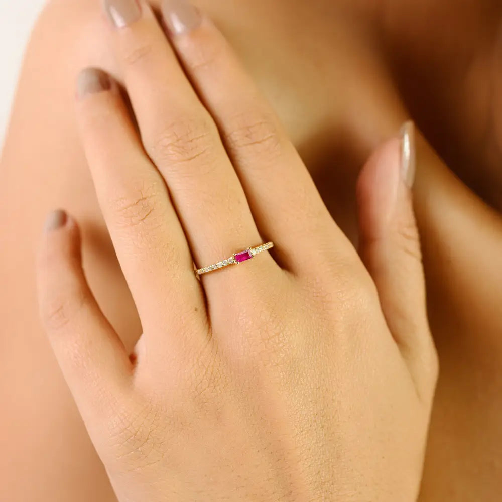 Minimalist Design Ruby & Diamond K14 Yellow Gold Stacking Band Ring Daily Wear Jewelry
