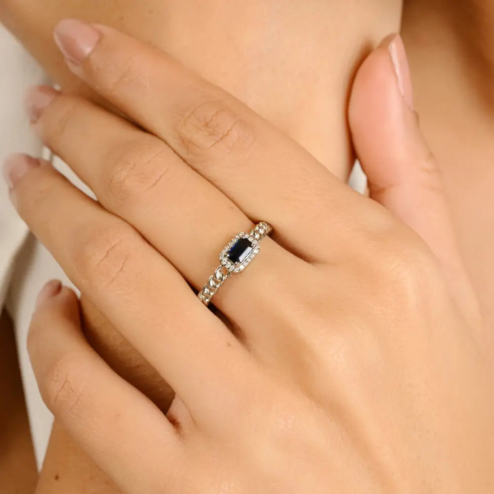 Octagon Cut Blue Sapphire & Diamond Halo Curb Link Chain Stackable Ring Solid 14K Gold