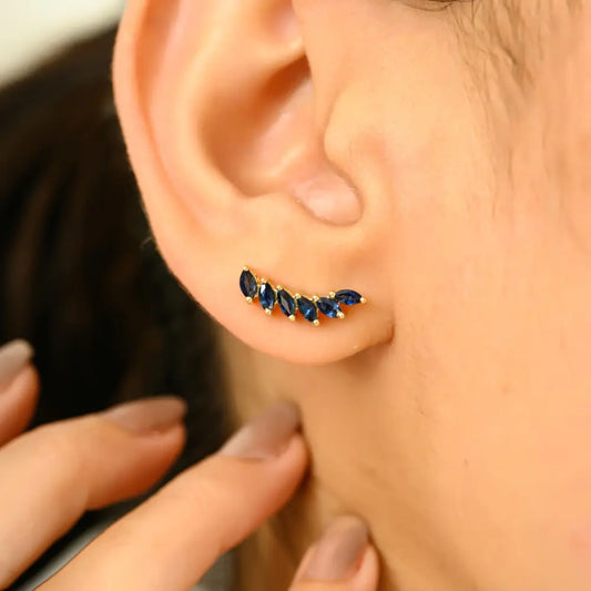 Blue Sapphire Wings Shape 14K Yellow Gold Ear Climber Earrings For Women's Gift Jewelry