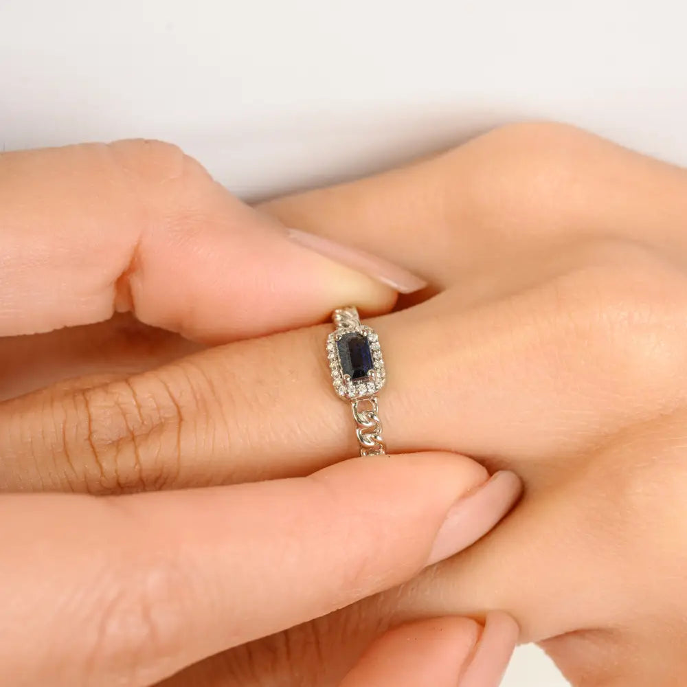 Octagon Cut Blue Sapphire & Diamond Halo Curb Link Chain Stackable Ring Solid 14K Gold