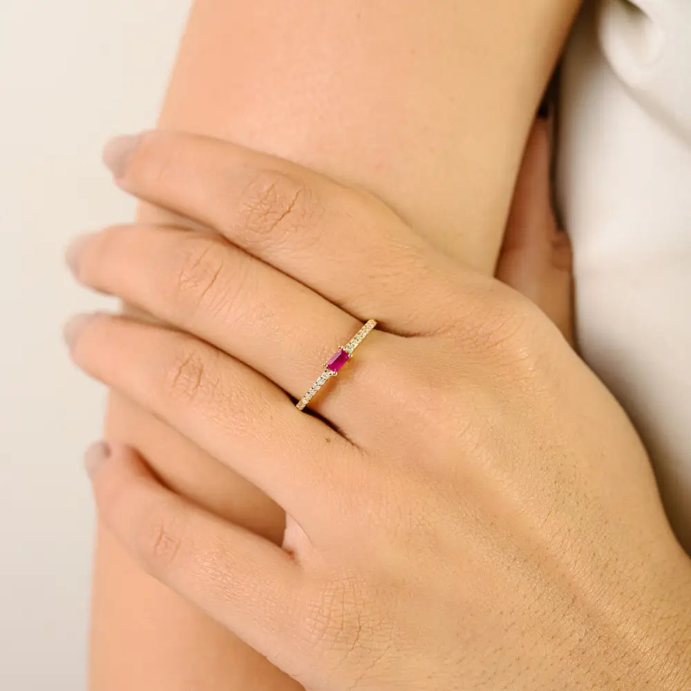Minimalist Design Ruby & Diamond K14 Yellow Gold Stacking Band Ring Daily Wear Jewelry