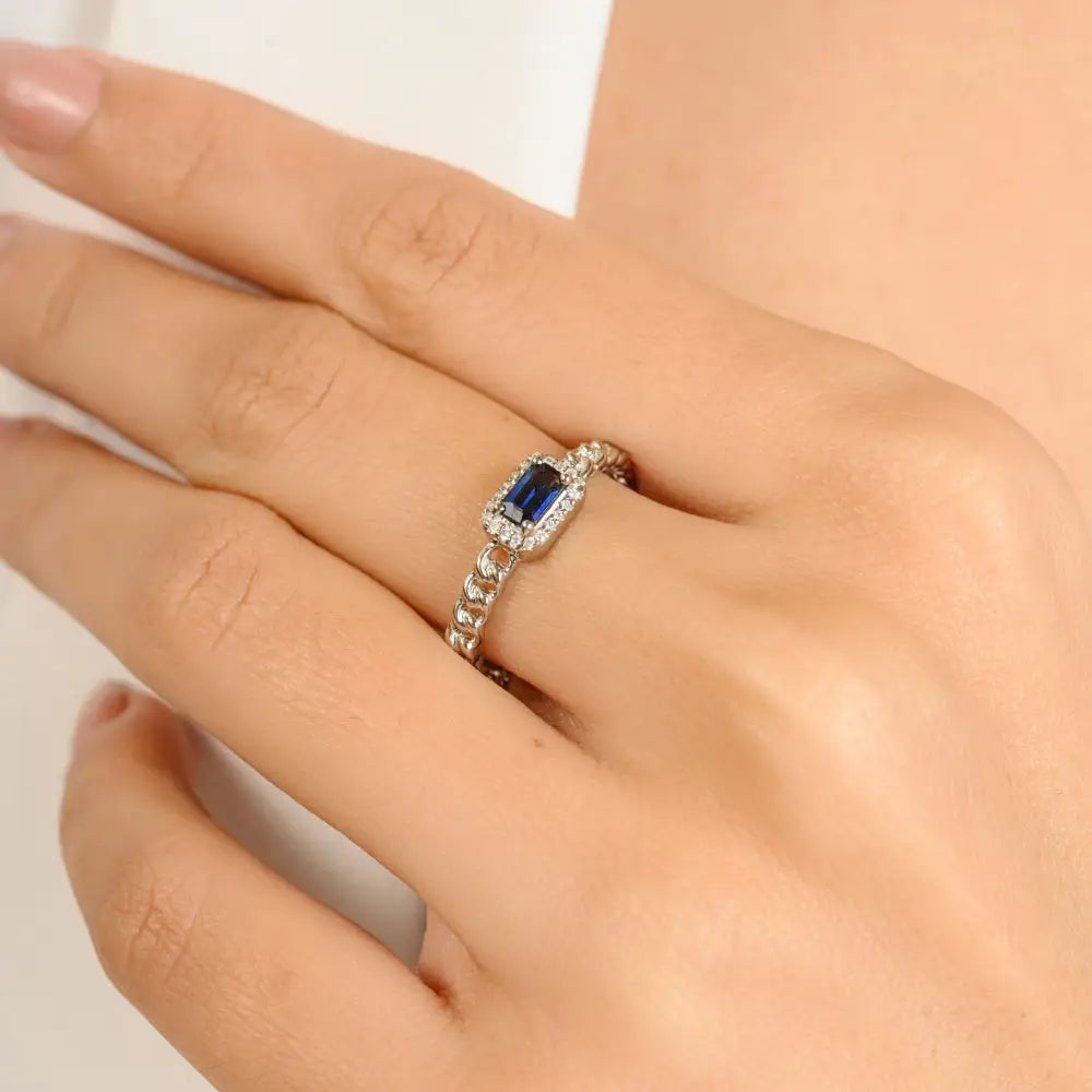 Octagon Cut Blue Sapphire & Diamond Halo Curb Link Chain Stackable Ring Solid 14K Gold