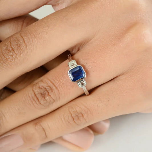 Dainty Blue Sapphire & Diamond Three Stone Ring Minimal Jewelry For Daily Wear