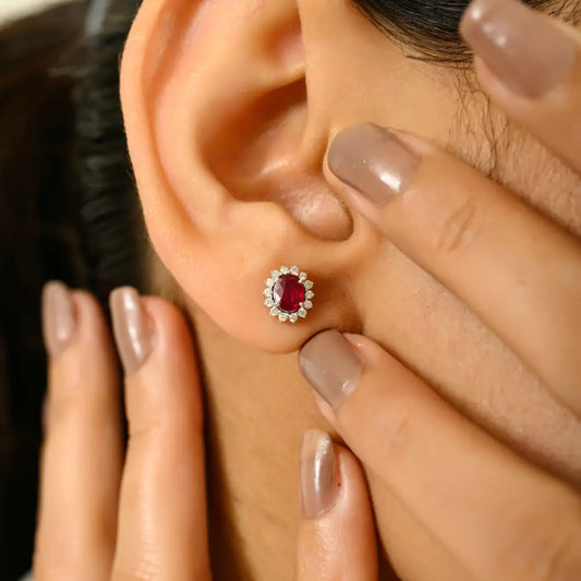 Minimal Jewelry Genuine Ruby & Diamond Cluster Stud Earrings 14K White Gold Custom Jewelry