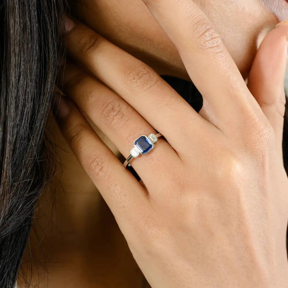 Dainty Blue Sapphire & Diamond Three Stone Ring Minimal Jewelry For Daily Wear