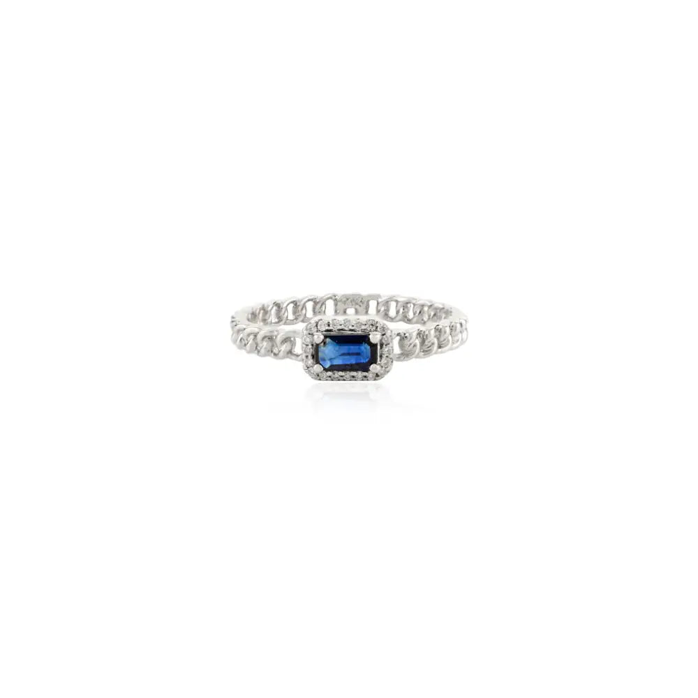 Octagon Cut Blue Sapphire & Diamond Halo Curb Link Chain Stackable Ring Solid 14K Gold