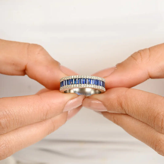 New Trendy Blue Sapphire & Diamond 14K White Gold Wedding Band Ring Statement Jewelry
