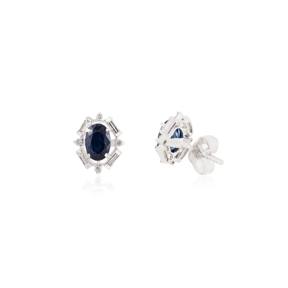 Art Deco Inspired Blue Sapphire & Diamond Halo Stud Earrings 14K Pure White Gold Jewelry