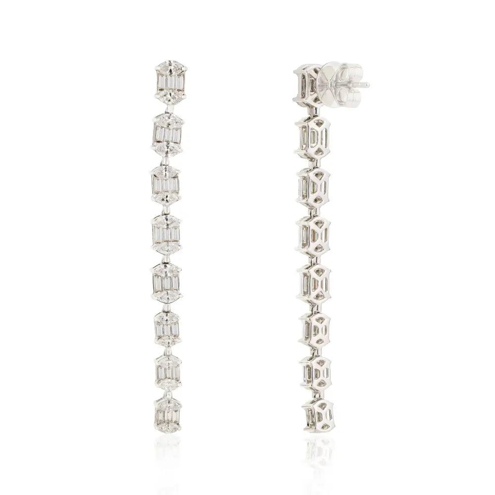 Luxurious 14K White Gold Natural Diamond Long Dangle Earrings Statement Bridal Jewelry