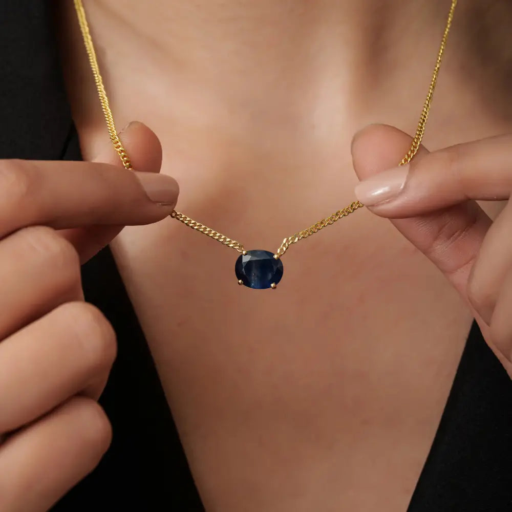 Prong Set Blue Sapphire Miami Cuban Chain Single Stone Pendant Necklace K14 Solid Yellow Gold