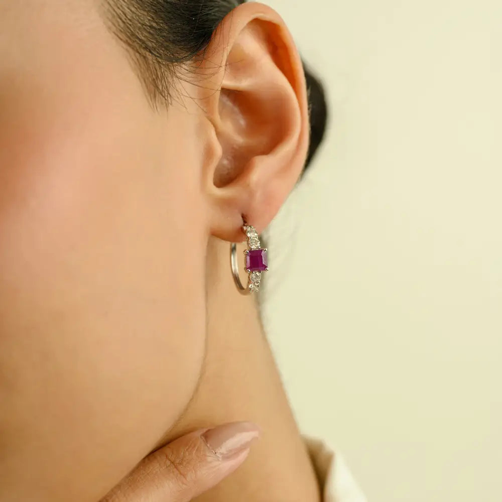5x5 mm Square Shape Real Ruby & Diamond K18 White Gold Women Hoop Earrings Fine Jewelry
