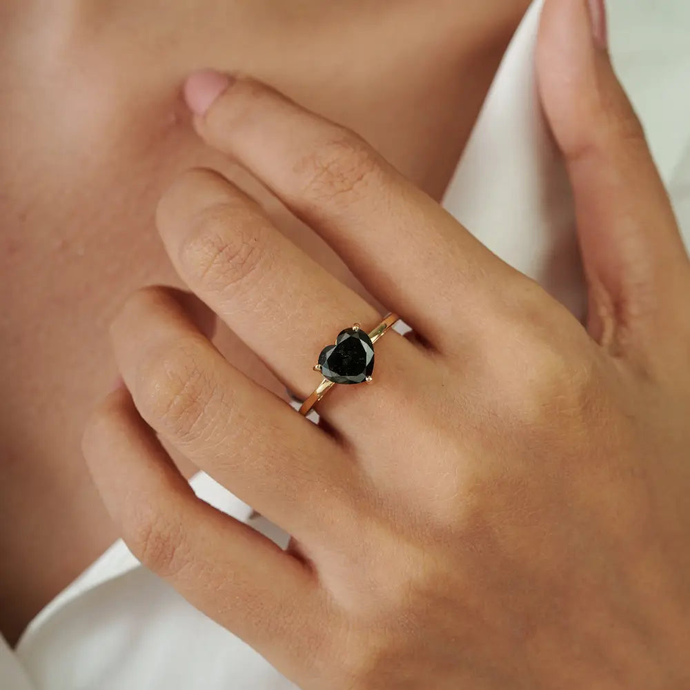 Heart Shape Black Diamond K14 Solid Yellow Gold Solitaire Engagement Ring Latest Jewelry