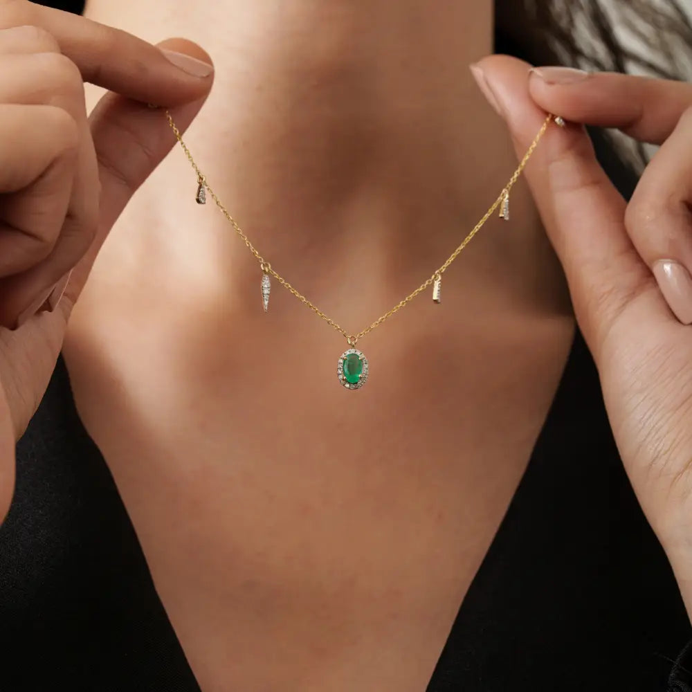 Elegant Design Emerald & Diamond Stacked Charm Chain Necklace Solid 14K Yellow Gold Jewelry