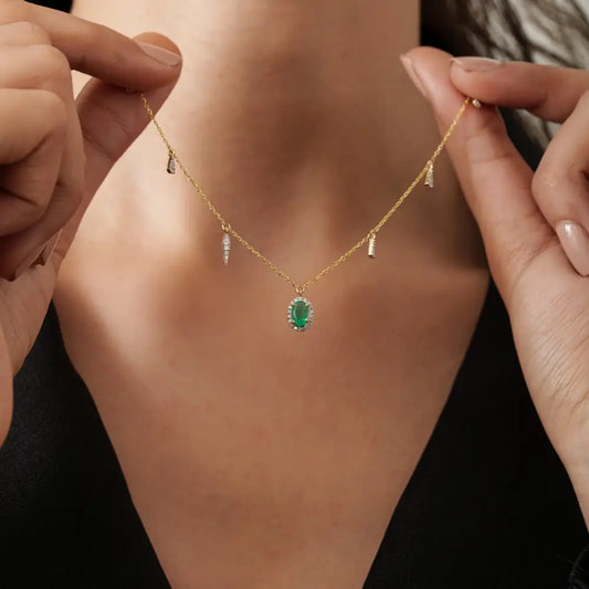 Elegant Design Emerald & Diamond Stacked Charm Chain Necklace Solid 14K Yellow Gold Jewelry