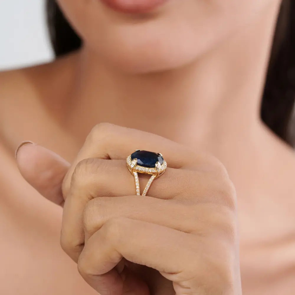 6.11ct. Blue Sapphire & Diamond Halo Split Shank Ring Wedding Bold Jewelry 14K Yellow Gold
