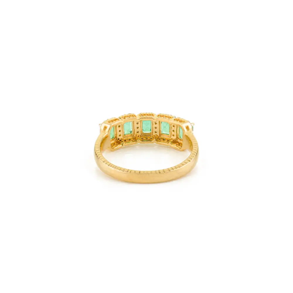 Solid K14 Yellow Gold Natural Emerald & Diamond Halo Half Eternity Band Ring Engagement Jewelry