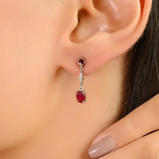 Real Gemstone Ruby & Diamond Small Drop Earrings Anniversary Gift 14K White Gold Jewelry
