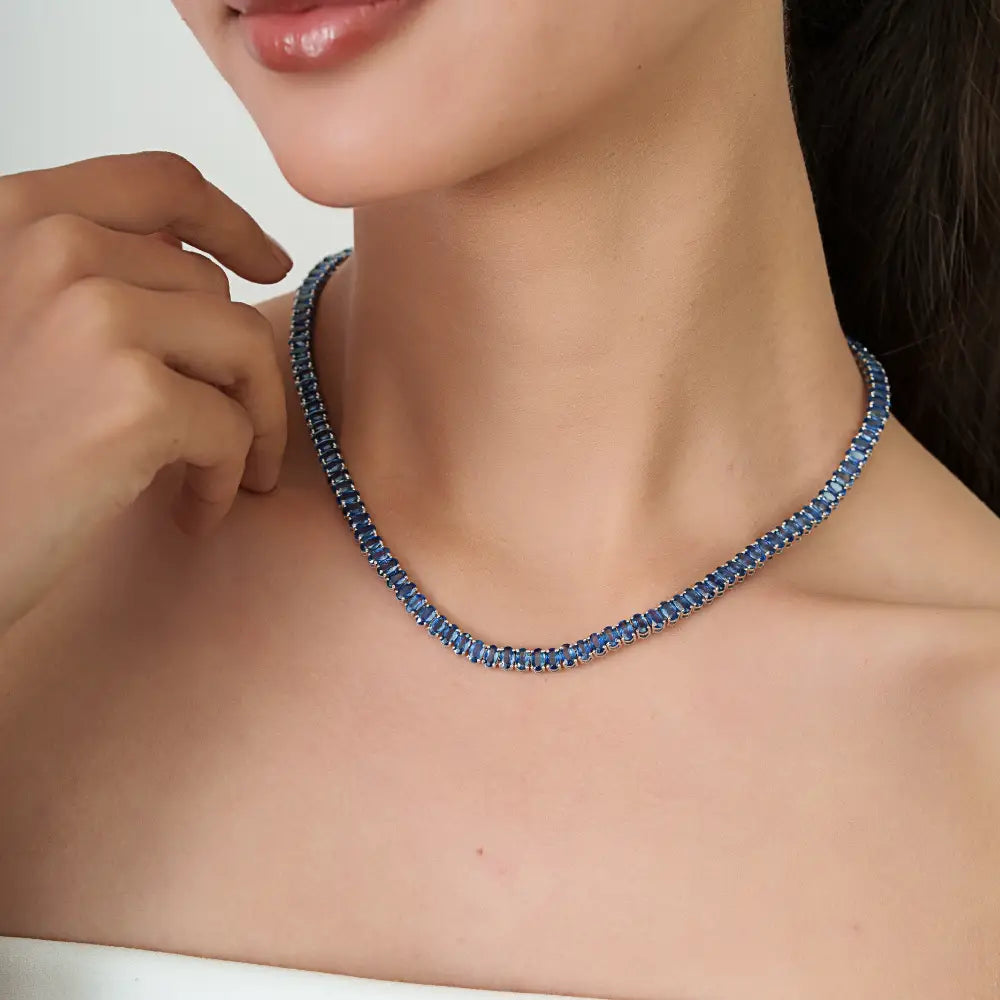 Handmade Design Blue Sapphire 14K White Gold Statement Tennis Necklace For Wedding
