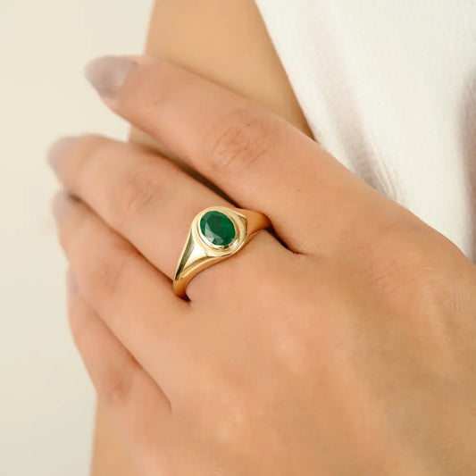 Best Selling Products Fine Emerald Chunky Signet Ring Real K14 Yellow Gold Bulk Jewelry