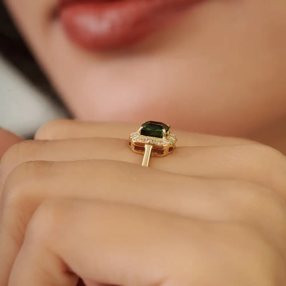 14K Real Yellow Gold Green Tourmaline & Diamond Halo Minimal Ring Stackable Jewelry
