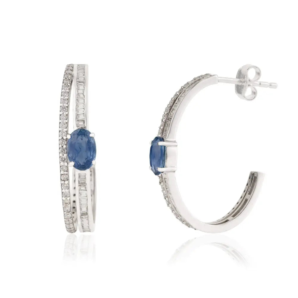 Latest Design Blue Sapphire & Diamond 14K White Gold C Shape Hoop Earrings For Women