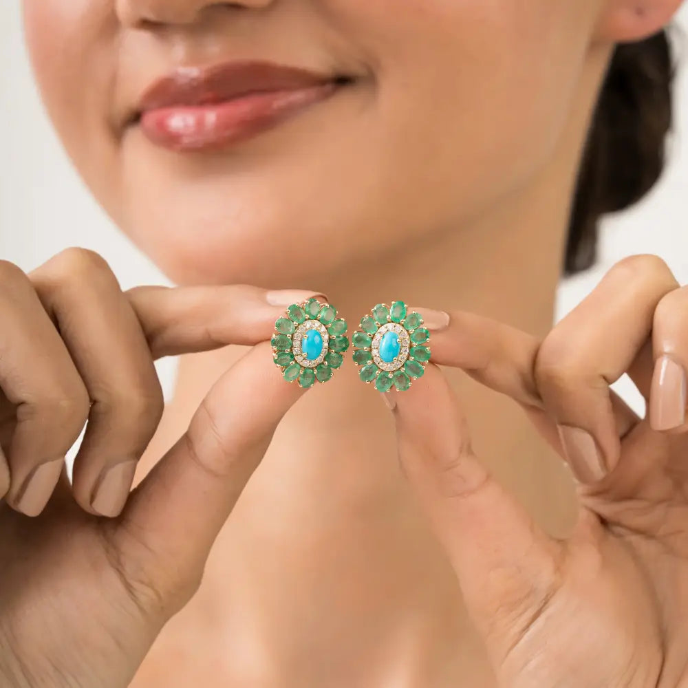 Natural Gemstone Emerald Turquoise & Diamond Floral Halo Stud Earrings 14K Yellow Gold